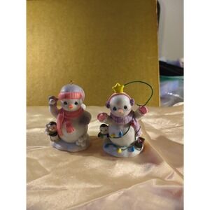 2 Cute 2010 Pmi Snow Men Christmas Ornaments Ceramic